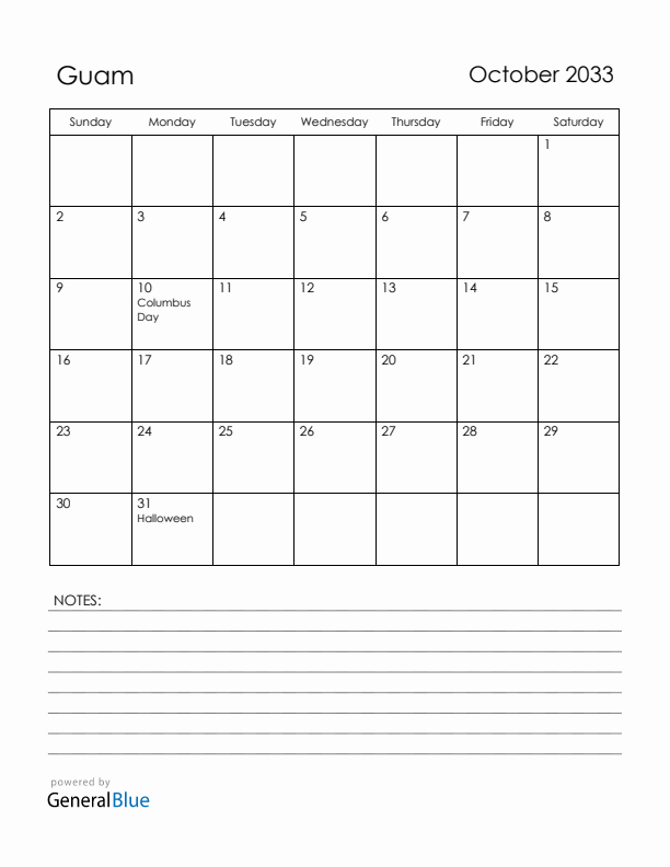 October 2033 Guam Calendar with Holidays (Sunday Start)