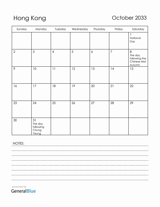 October 2033 Hong Kong Calendar with Holidays (Sunday Start)