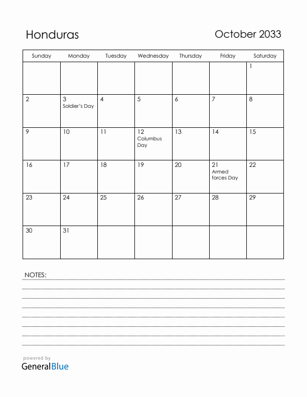 October 2033 Honduras Calendar with Holidays (Sunday Start)