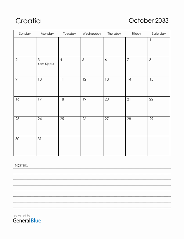 October 2033 Croatia Calendar with Holidays (Sunday Start)
