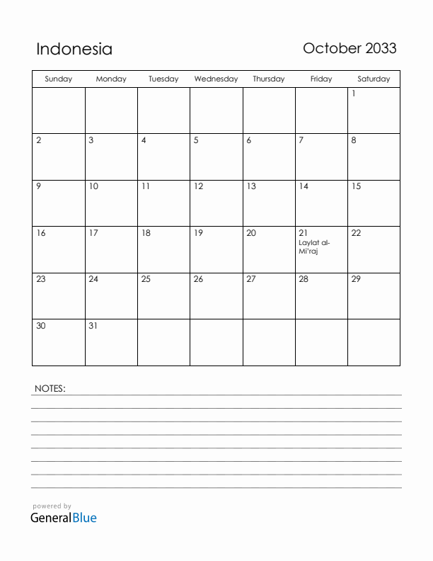 October 2033 Indonesia Calendar with Holidays (Sunday Start)
