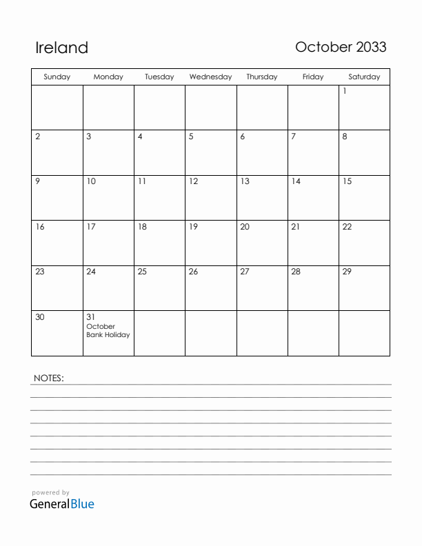 October 2033 Ireland Calendar with Holidays (Sunday Start)