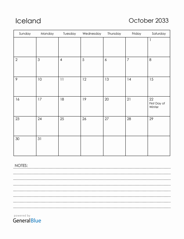 October 2033 Iceland Calendar with Holidays (Sunday Start)