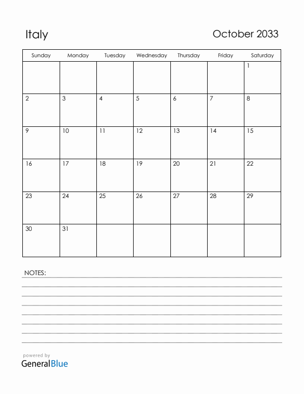 October 2033 Italy Calendar with Holidays (Sunday Start)
