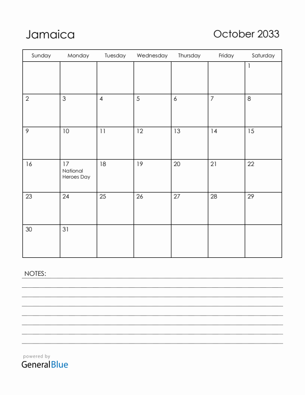 October 2033 Jamaica Calendar with Holidays (Sunday Start)