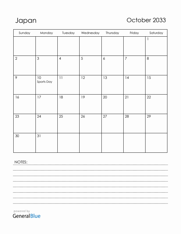 October 2033 Japan Calendar with Holidays (Sunday Start)