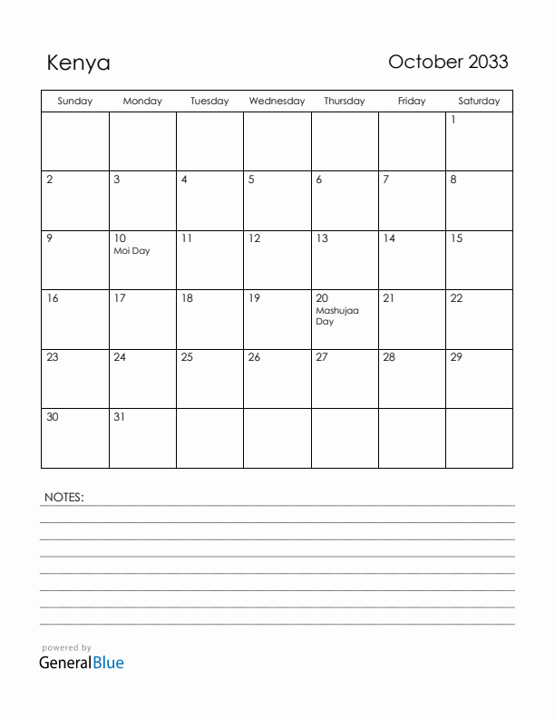 October 2033 Kenya Calendar with Holidays (Sunday Start)