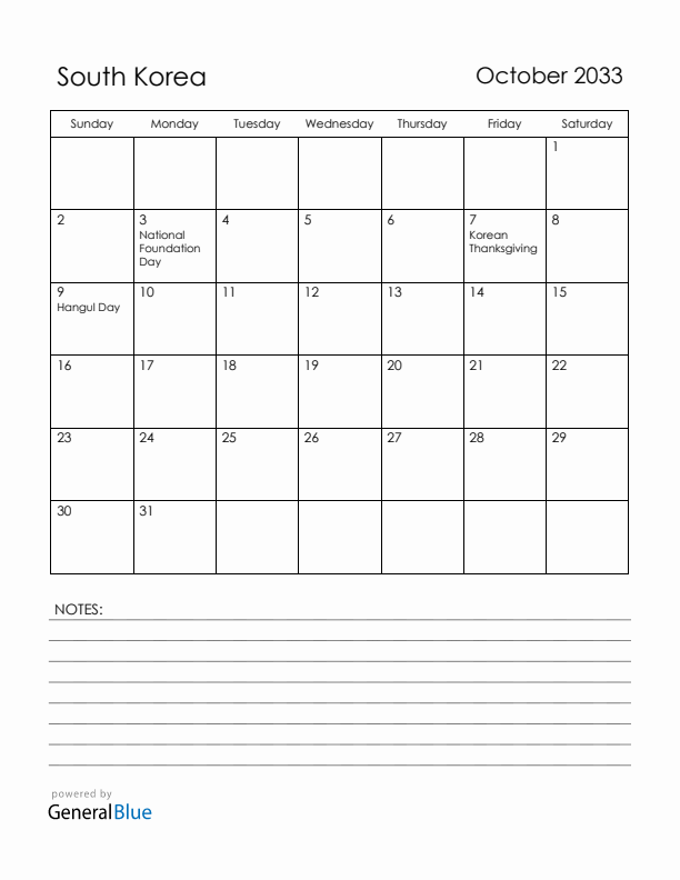 October 2033 South Korea Calendar with Holidays (Sunday Start)