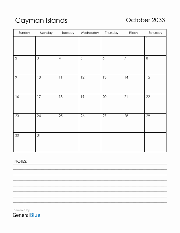 October 2033 Cayman Islands Calendar with Holidays (Sunday Start)