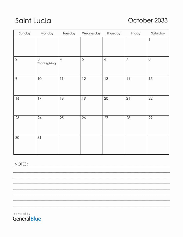October 2033 Saint Lucia Calendar with Holidays (Sunday Start)