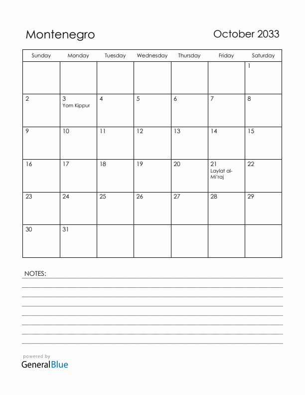 October 2033 Montenegro Calendar with Holidays (Sunday Start)