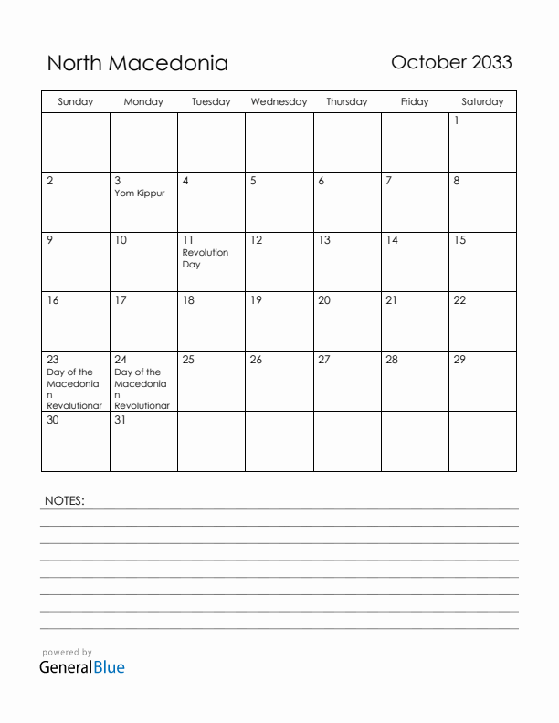 October 2033 North Macedonia Calendar with Holidays (Sunday Start)