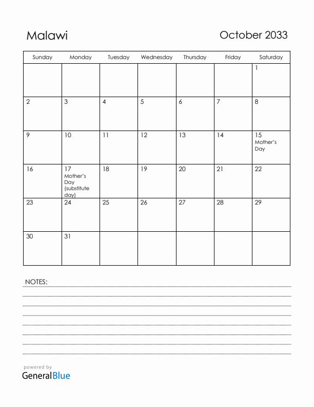 October 2033 Malawi Calendar with Holidays (Sunday Start)