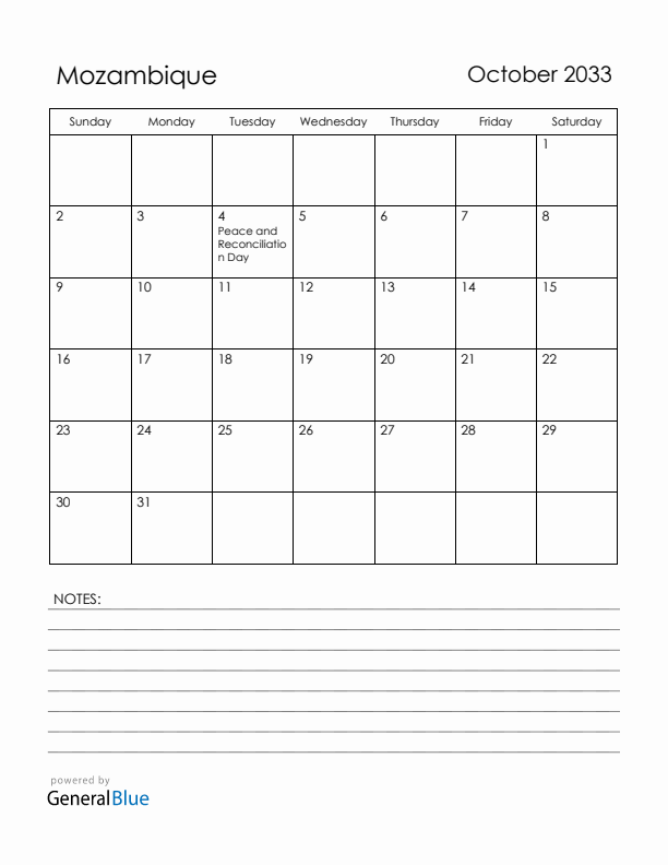 October 2033 Mozambique Calendar with Holidays (Sunday Start)