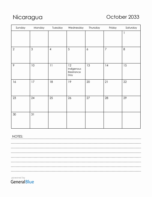 October 2033 Nicaragua Calendar with Holidays (Sunday Start)