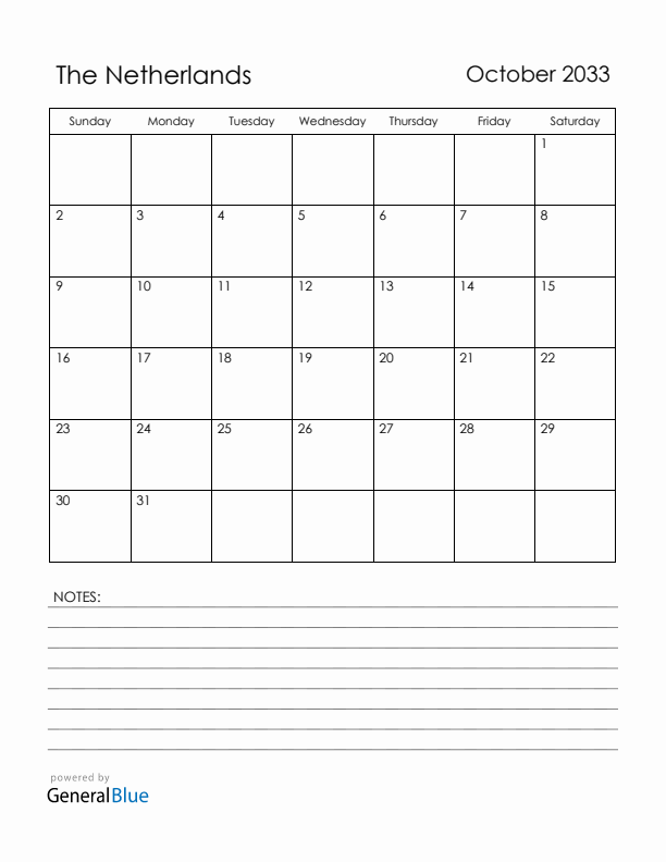 October 2033 The Netherlands Calendar with Holidays (Sunday Start)