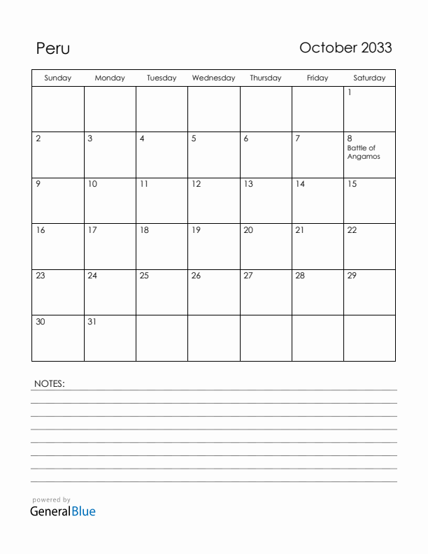 October 2033 Peru Calendar with Holidays (Sunday Start)
