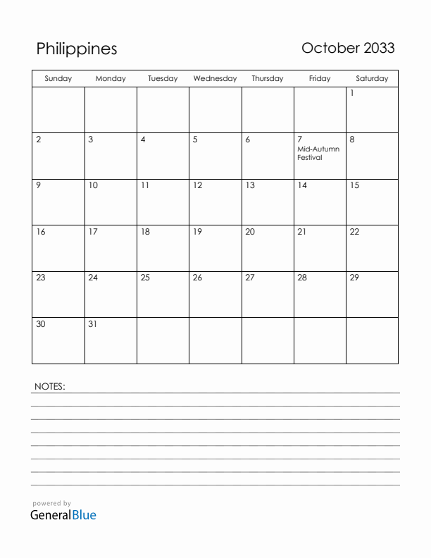 October 2033 Philippines Calendar with Holidays (Sunday Start)
