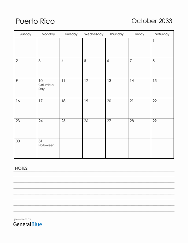October 2033 Puerto Rico Calendar with Holidays (Sunday Start)