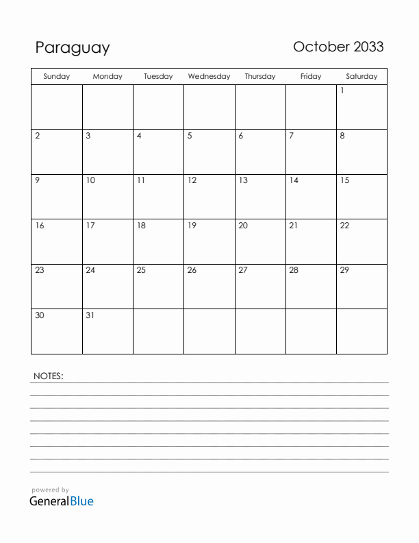 October 2033 Paraguay Calendar with Holidays (Sunday Start)