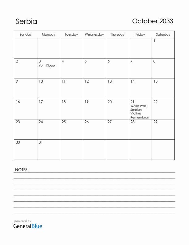 October 2033 Serbia Calendar with Holidays (Sunday Start)