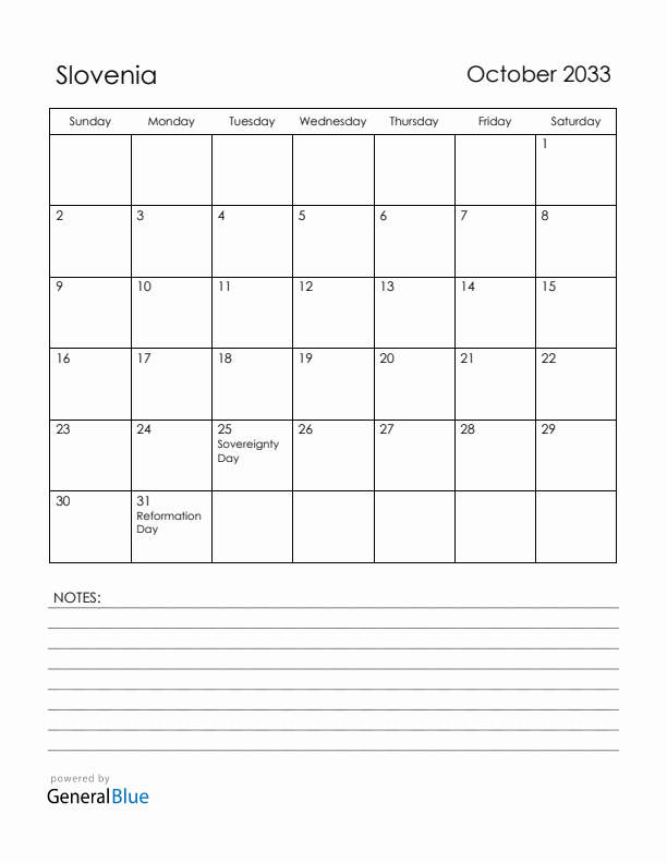 October 2033 Slovenia Calendar with Holidays (Sunday Start)
