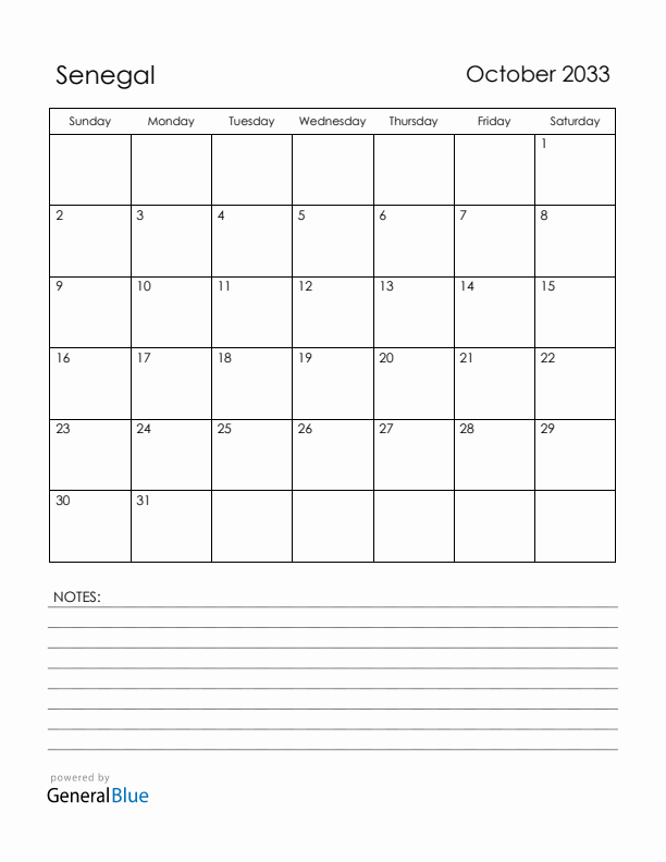 October 2033 Senegal Calendar with Holidays (Sunday Start)