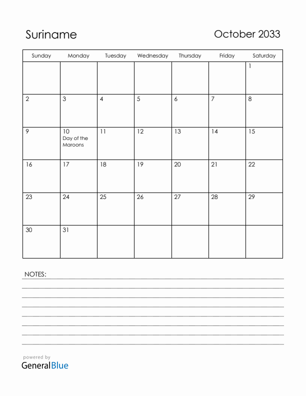 October 2033 Suriname Calendar with Holidays (Sunday Start)