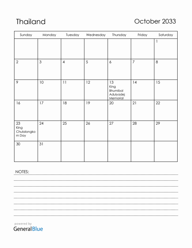 October 2033 Thailand Calendar with Holidays (Sunday Start)