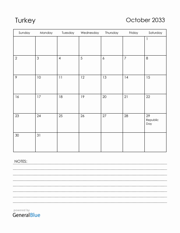 October 2033 Turkey Calendar with Holidays (Sunday Start)