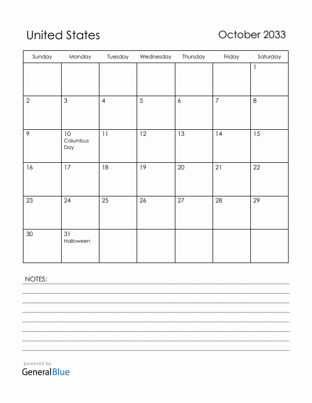 October 2033 United States Calendar with Holidays (Sunday Start)