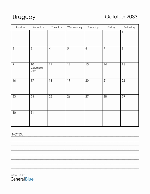 October 2033 Uruguay Calendar with Holidays (Sunday Start)