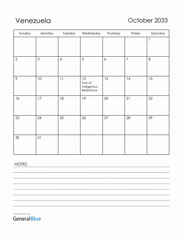 October 2033 Venezuela Calendar with Holidays (Sunday Start)