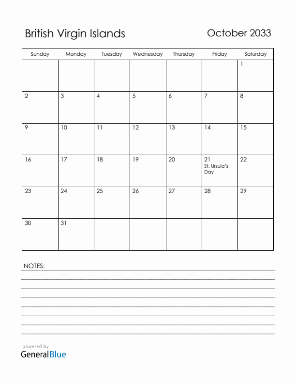 October 2033 British Virgin Islands Calendar with Holidays (Sunday Start)