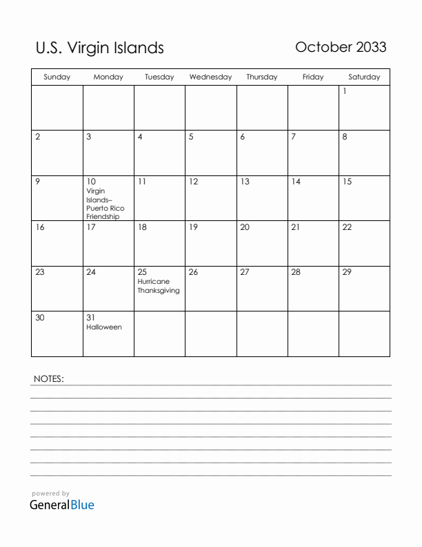 October 2033 U.S. Virgin Islands Calendar with Holidays (Sunday Start)