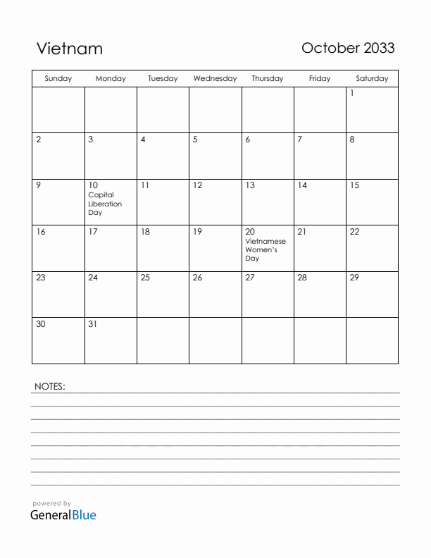 October 2033 Vietnam Calendar with Holidays (Sunday Start)