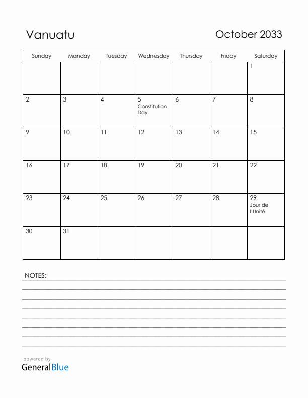 October 2033 Vanuatu Calendar with Holidays (Sunday Start)
