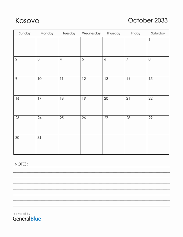 October 2033 Kosovo Calendar with Holidays (Sunday Start)