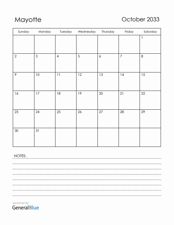 October 2033 Mayotte Calendar with Holidays (Sunday Start)
