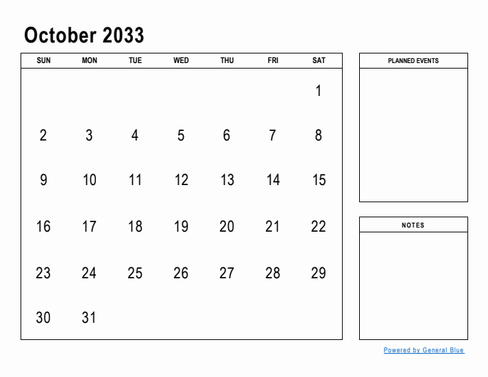 October 2033 Calendar Planner