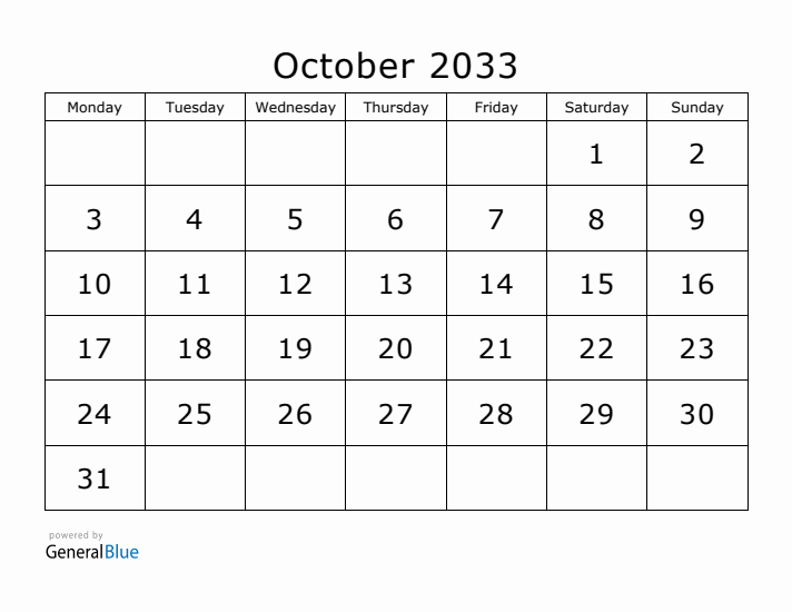 Printable October 2033 Calendar - Monday Start