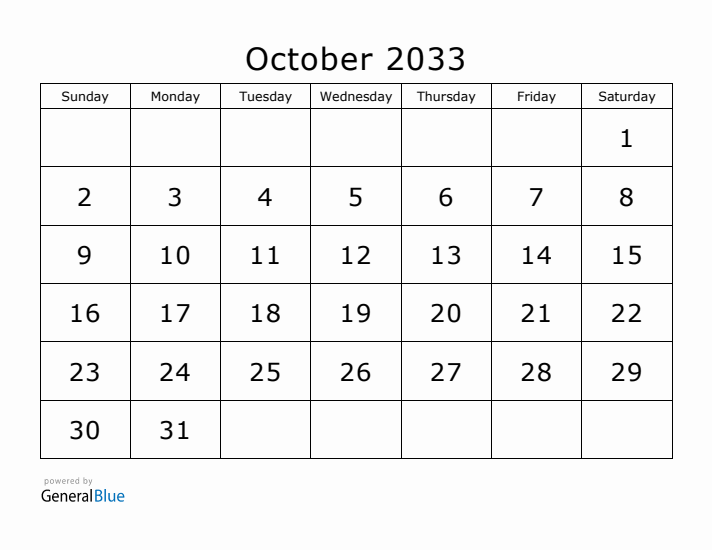 Printable October 2033 Calendar - Sunday Start
