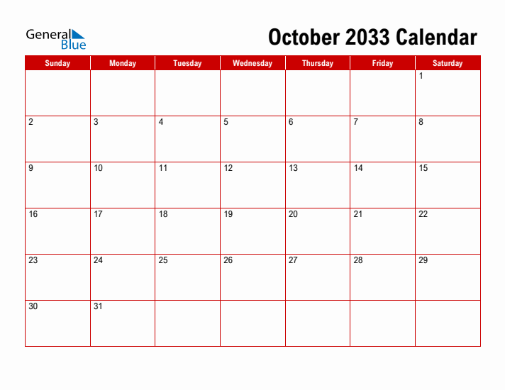 Simple Monthly Calendar - October 2033
