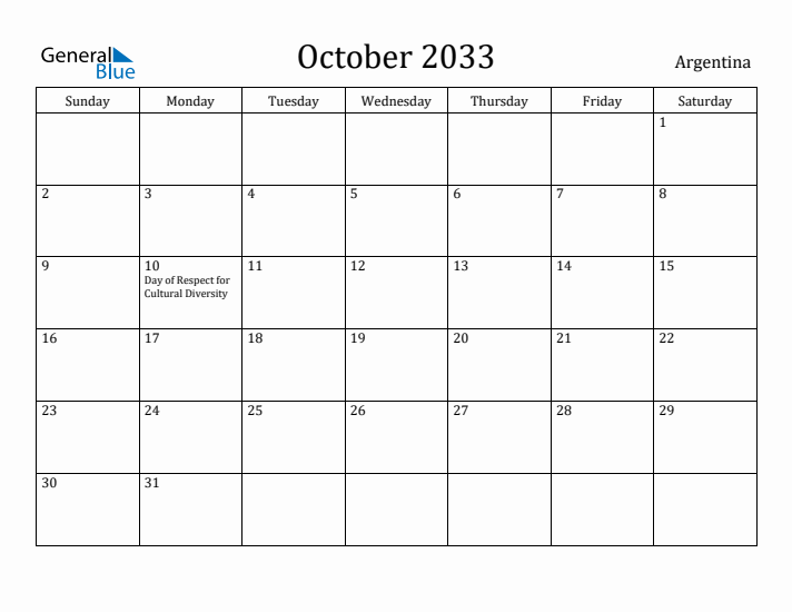 October 2033 Calendar Argentina