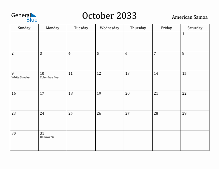 October 2033 Calendar American Samoa