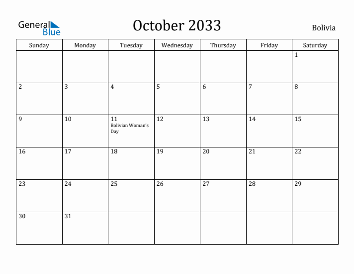 October 2033 Calendar Bolivia