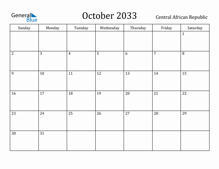 October 2033 Calendar Central African Republic