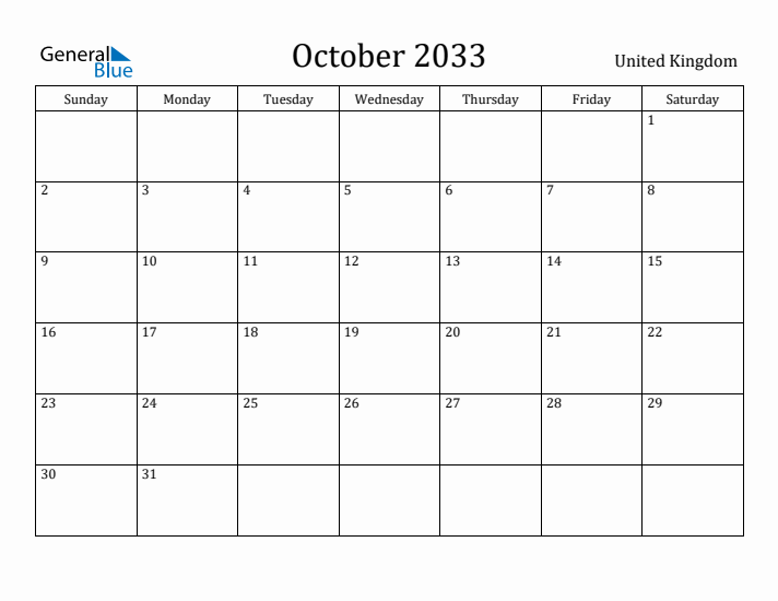 October 2033 Calendar United Kingdom