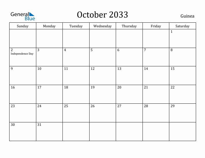 October 2033 Calendar Guinea