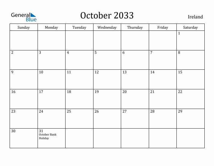 October 2033 Calendar Ireland